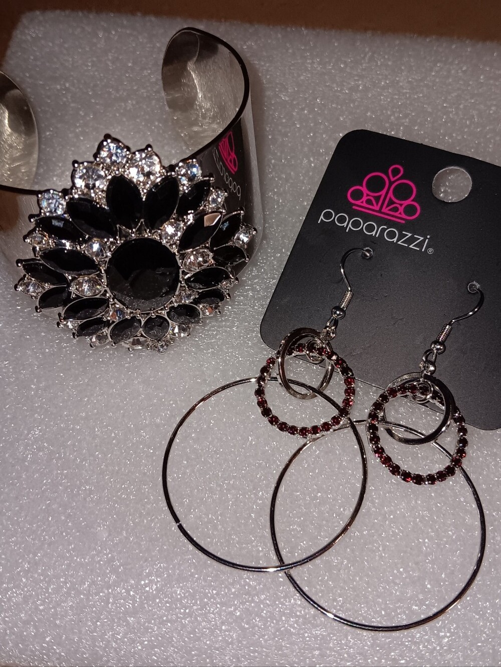 Silver Black Rhinestone Cuff Bracelet & Earring Set